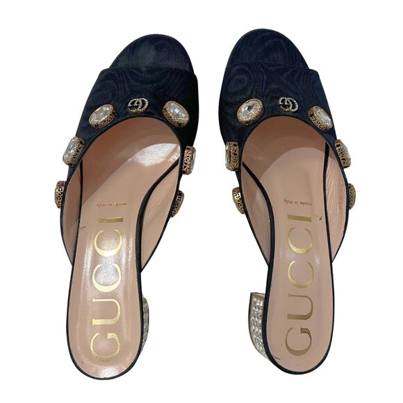 Gucci Moire Fabric Crystal Embellished Lyric Slide Sandals 39.5 - Picture 2 of 4